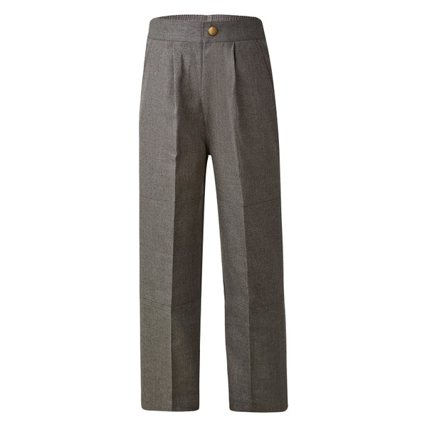 Charcoal grey melange wide-leg school trousers with front pleats, elasticated waist and gold button