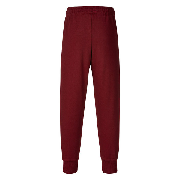 Maroon kids fleece track pants with elasticated waistband and ribbed cuffs, rear packshot view