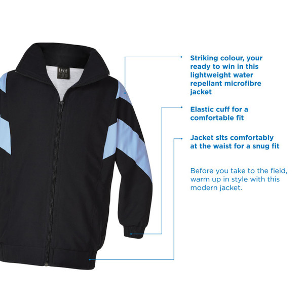 Black microfibre zip-up sports jacket with sky blue chevron panels on sleeves and elastic cuffs