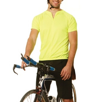 Fluorescent yellow hi-vis cycling top with notch neck and short sleeves on model with bicycle