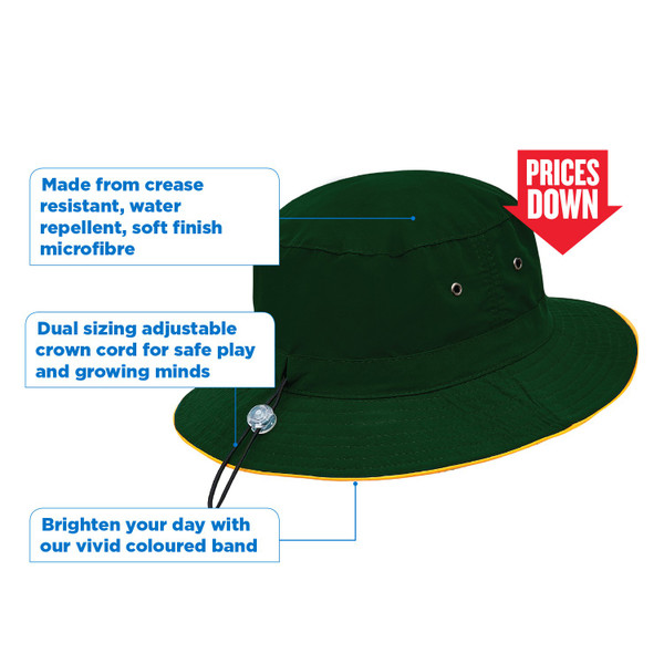 Bottle green kids bucket hat with gold trim band, wide brim, eyelets, and adjustable crown cord toggle
