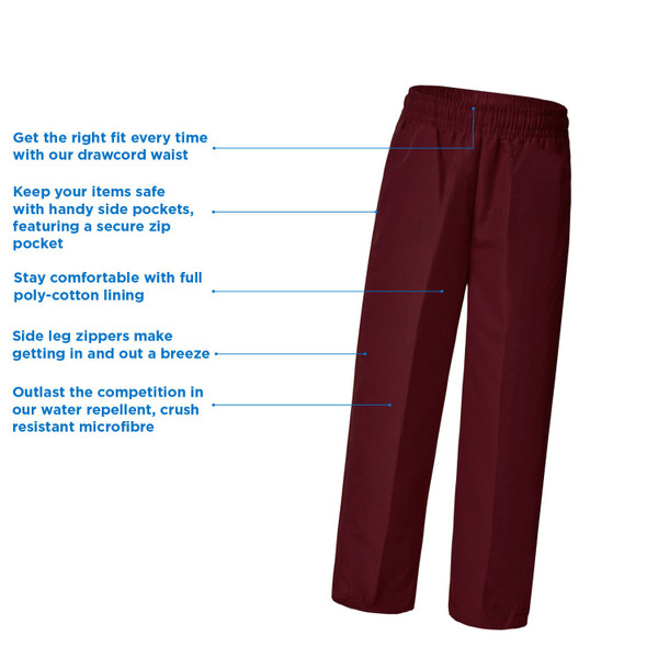 Maroon microfibre track pants with elastic drawcord waist, side zip pocket, and side leg zippers