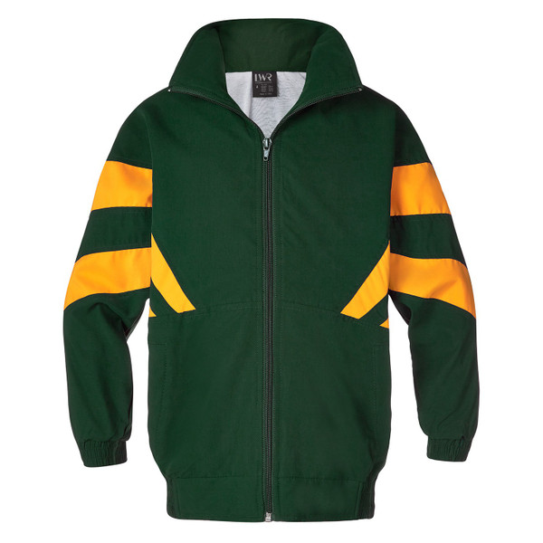 Kids bottle green full-zip sport jacket with gold chevron panels on chest and sleeves, hood, ribbed cuffs