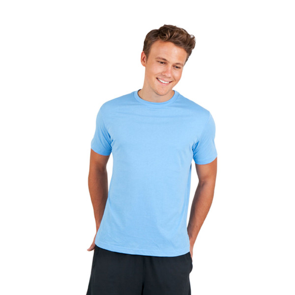 Man wearing a sky blue crew neck short sleeve t-shirt with smooth flat front panel