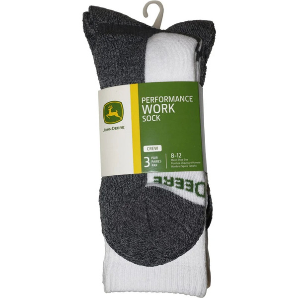 John Deere Performance Work Crew Socks 3-pack in white and charcoal grey, packaged with branded label