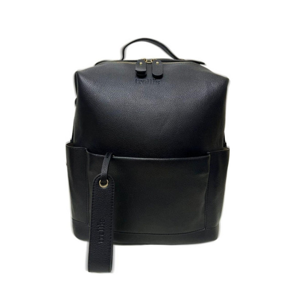 Black vegan leather convertible backpack with front slip pockets, top handle and branded wrist strap tag
