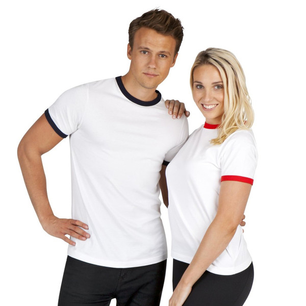 White ringer tees with contrast navy and red sleeve bands modeled on man and woman