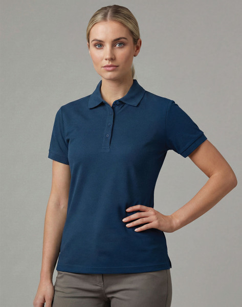 BAHAMA women's ocean blue cotton pique polo - model front view