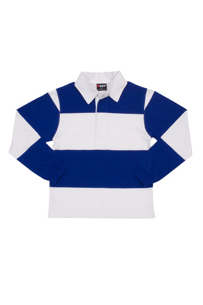White and royal blue striped long sleeve rugby jersey with collar and chest placket