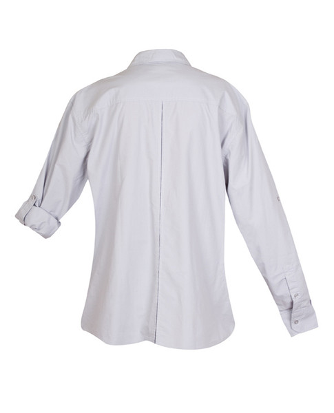 Back view of women's pale grey long sleeve military shirt with centre back pleat and button cuffs