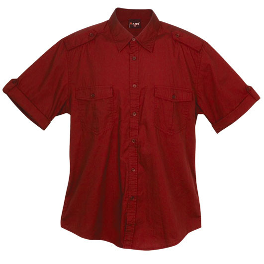 Crimson red men's short sleeve military shirt with dual chest pockets, epaulettes, and button-through placket