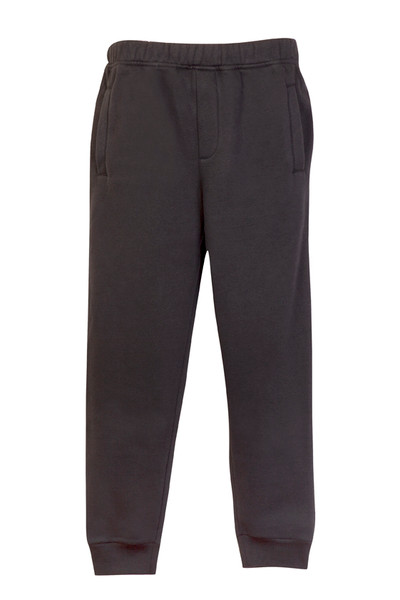 Charcoal grey kids track pants with elasticated waistband and cuffed ankles in brushed fleece fabric