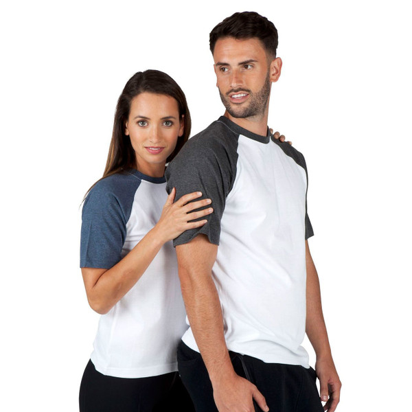 White cotton raglan tee with charcoal contrast sleeves, ideal for decoration with solid front panel