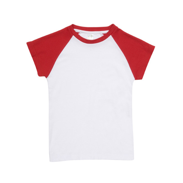 White organic cotton kids raglan tee with red contrast sleeves and crew neck