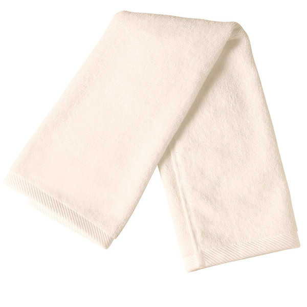Cream cotton terry hand towel folded flat showing woven border trim at each end
