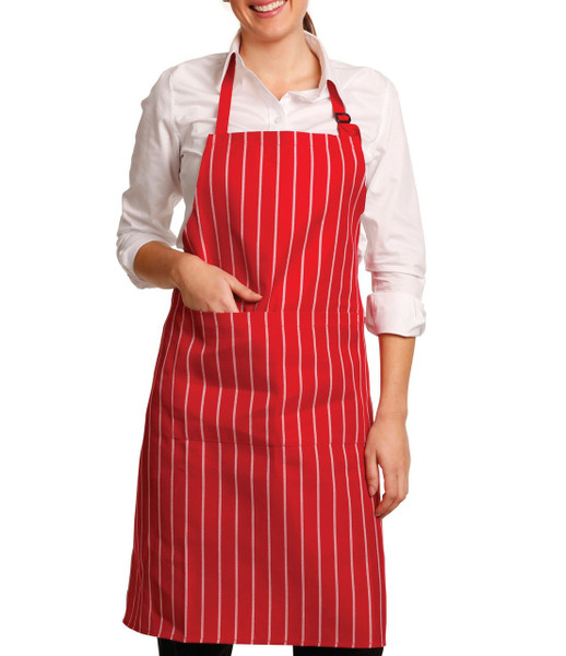 Red and white pinstriped bib apron with adjustable neck strap and front pocket
