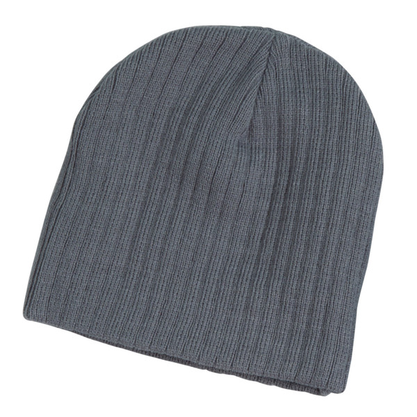 Charcoal grey cable knit beanie with ribbed texture and classic slouchy fit