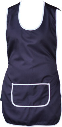 Navy full-coverage smock with white contrast trim and front kangaroo pocket