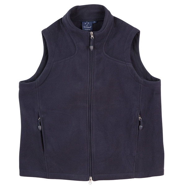 Navy polar fleece vest with full-length zip, stand collar, and two zip side pockets — flat lay packshot