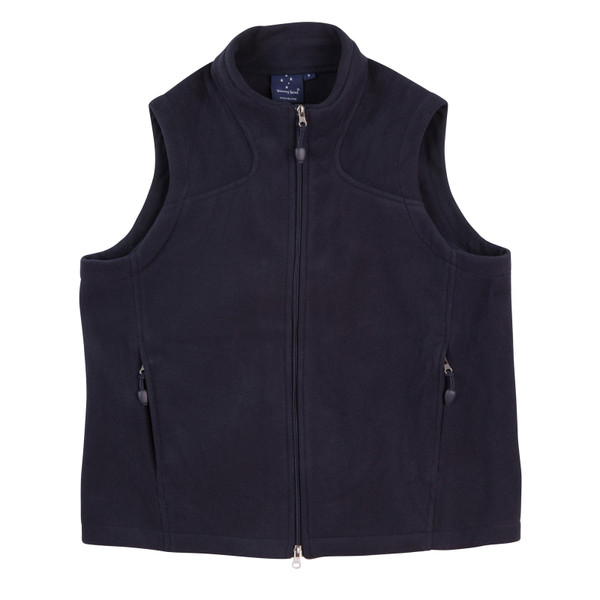 Navy polar fleece vest with full front zipper and side zippered pockets laid flat on white background