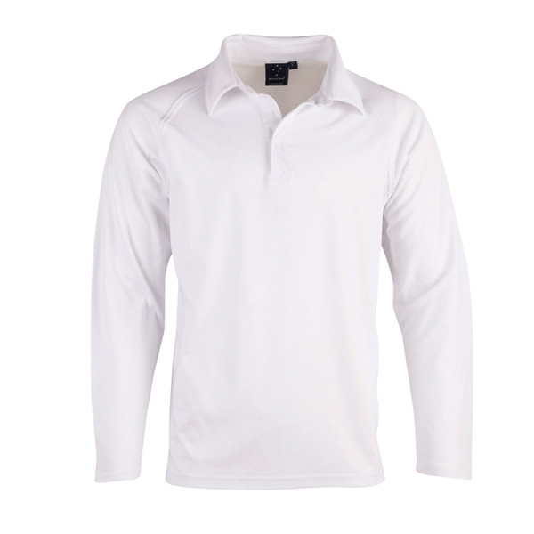 White long sleeve cricket polo shirt with collar and flat placket panel