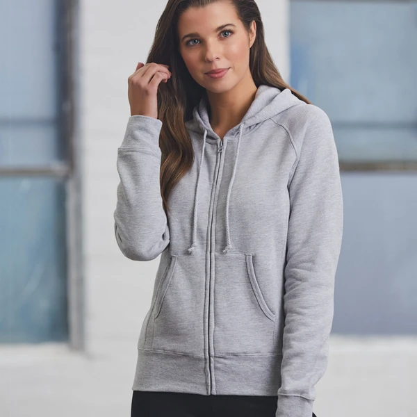 Light grey marle zip-up hoodie with drawstring hood, kangaroo pockets, and ribbed cuffs