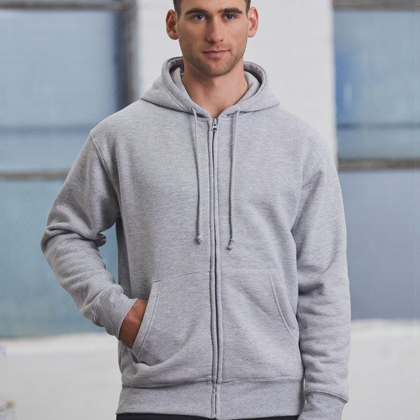 Grey marle zip-up hoodie with kangaroo pocket, drawstring hood, and ribbed cuffs and hem