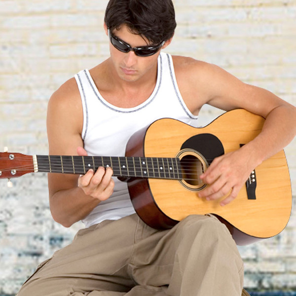 White fine rib singlet with grey contrast binding on neckline and armholes worn by man with acoustic guitar