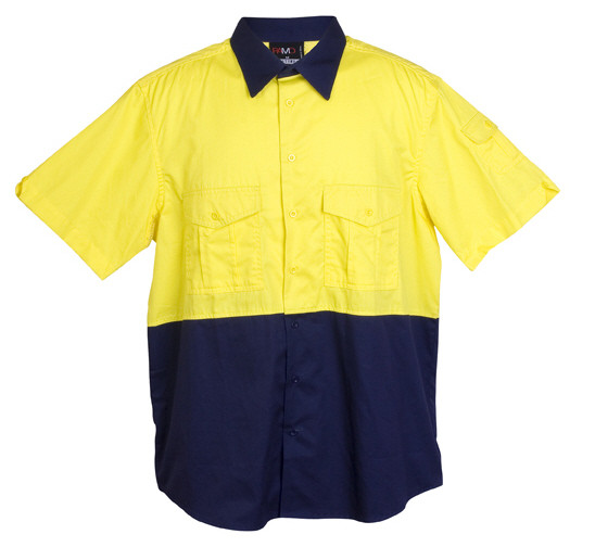 High visibility yellow and navy short sleeve work shirt with chest pockets and contrasting collar