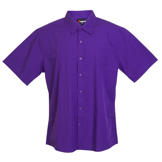 Purple short sleeve men's business shirt with point collar and button-front placket, flat lay packshot