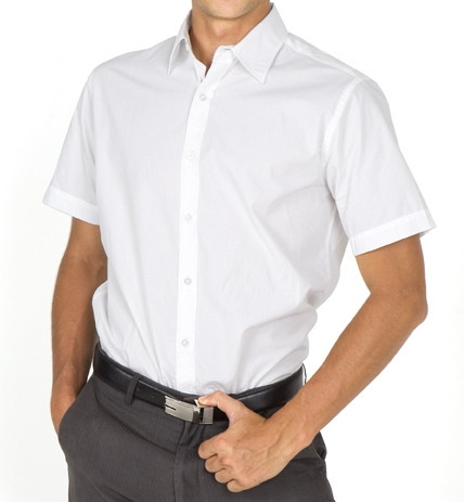 White short sleeve business shirt with collar and button front placket
