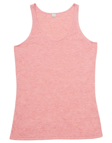 Heather pink women's singlet with scoop neckline and relaxed fit on white background