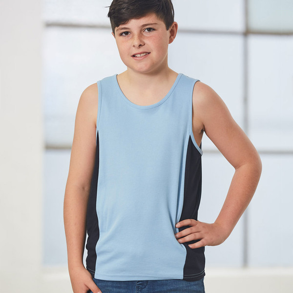 MEDAL Kids Contrast Sports Singlet featuring moisture-wicking performance fabric, breathable side panels, and a lightweight design for school athletics and junior basketball teams.