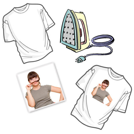 White t-shirts with heat press iron and transfer paper showing grey printed design application process