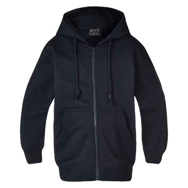 Navy heavyweight zip-up hoodie with kangaroo pocket, drawstring hood, and ribbed cuffs and hem