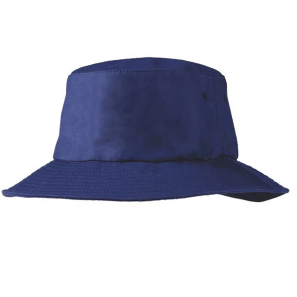 Navy blue bucket hat with wide brim and flat crown panel ideal for decoration