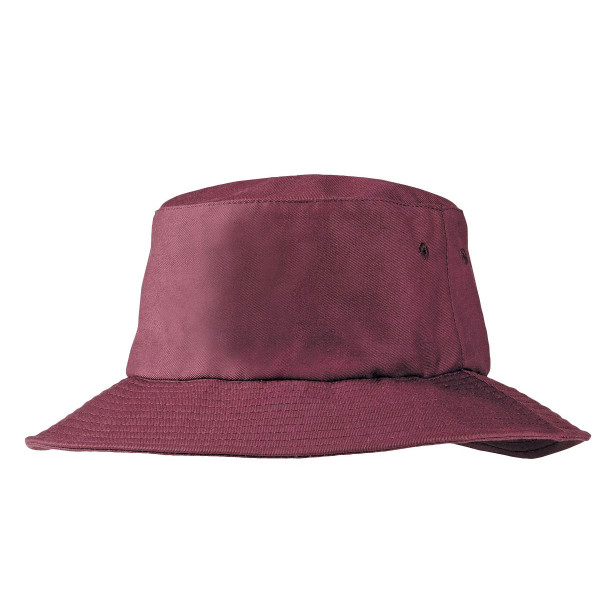 Burgundy bucket hat with wide brim and structured crown, side view showing cotton twill construction