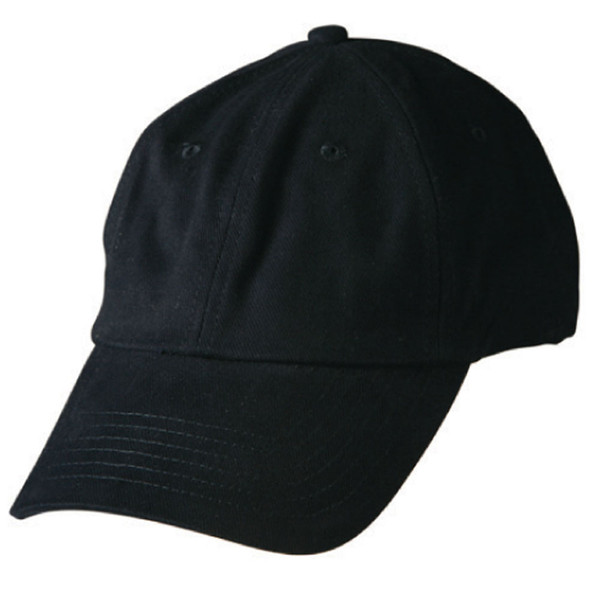 Black unstructured baseball cap with curved brim and low-profile six-panel construction