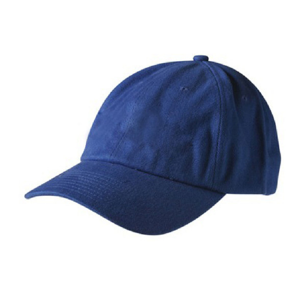 Navy unstructured baseball cap with curved brim and six-panel crown construction
