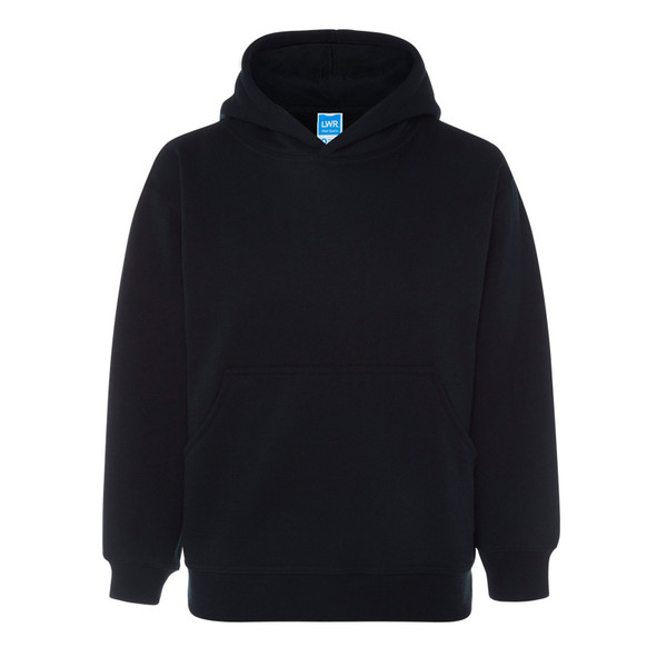 Black heavy-duty pullover hoodie with kangaroo pocket and ribbed cuffs