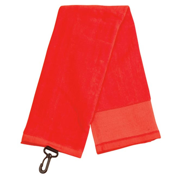 Bright red terry velour golf towel with metal hook attachment and coral striped border detail