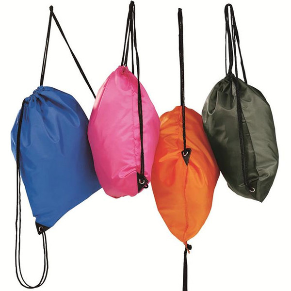 Four polyester drawstring backpacks in royal blue, hot pink, orange and olive green with black cords