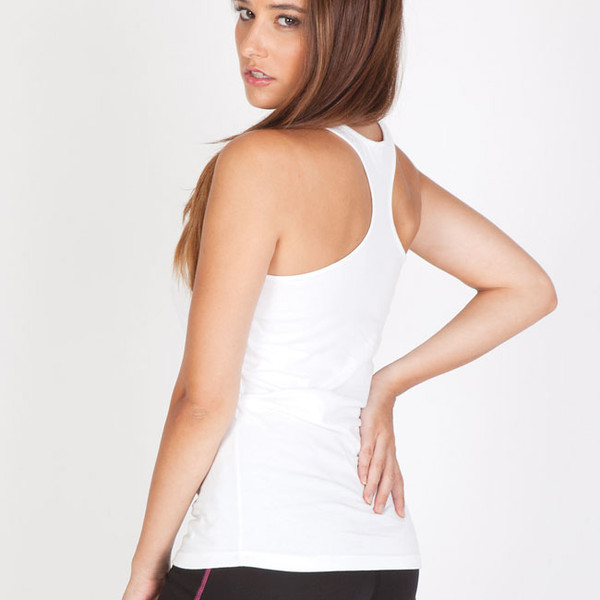 White racerback singlet with scoop neckline shown from back, fitted cotton construction