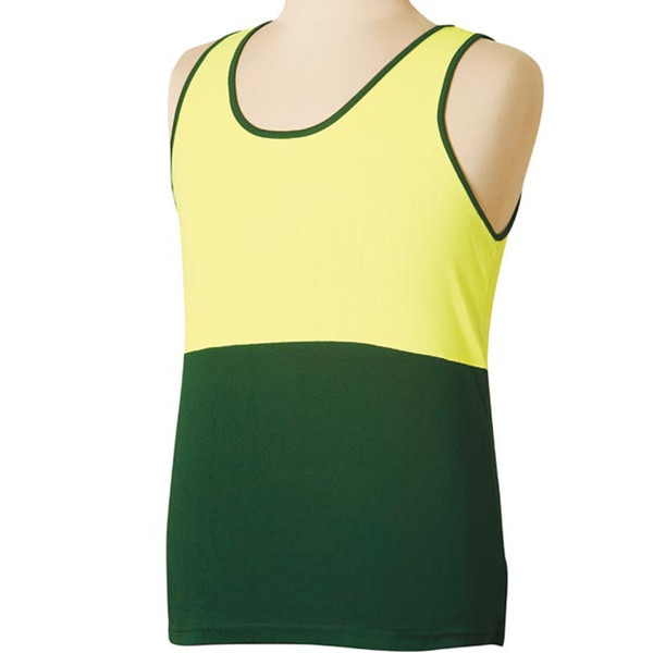 Hi-vis yellow and bottle green two-tone safety singlet with scoop neck and contrast binding straps