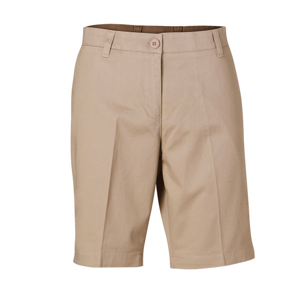 Sand beige women's twill chino shorts with flat front panel, tailored waistband, and side pockets
