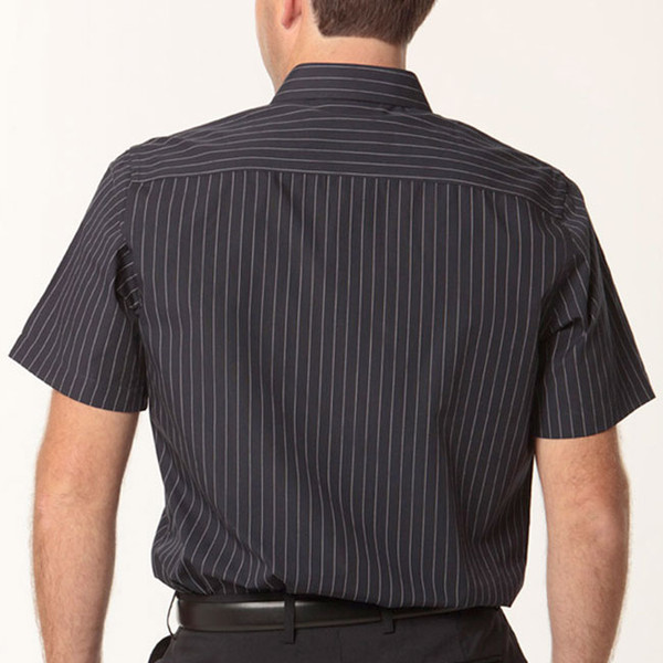Back view of charcoal short sleeve shirt with white vertical pinstripes and collar