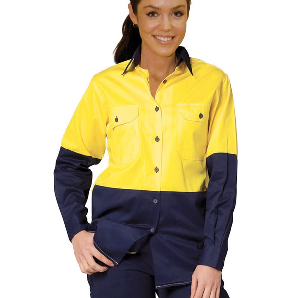 Hi-vis yellow and navy women's work shirt with chest pockets and colour block long sleeves