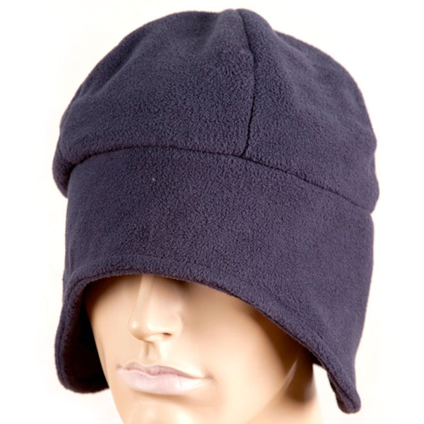 Navy polar fleece beanie with extended ear flaps and curved peak shown on model