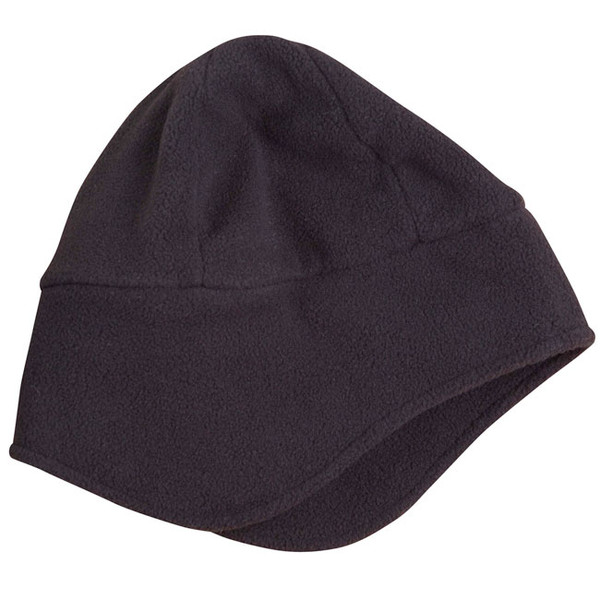 Black THAW Polar Beanie with integrated ear covers, made from warm black polar fleece fabric for maximum wind protection during winter outdoor activities.
