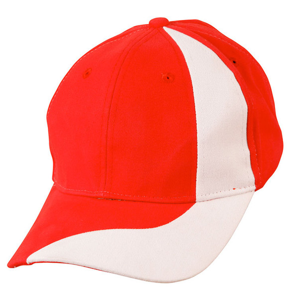 Heavy brushed cotton baseball cap in bright red and white colour block panels with curved peak